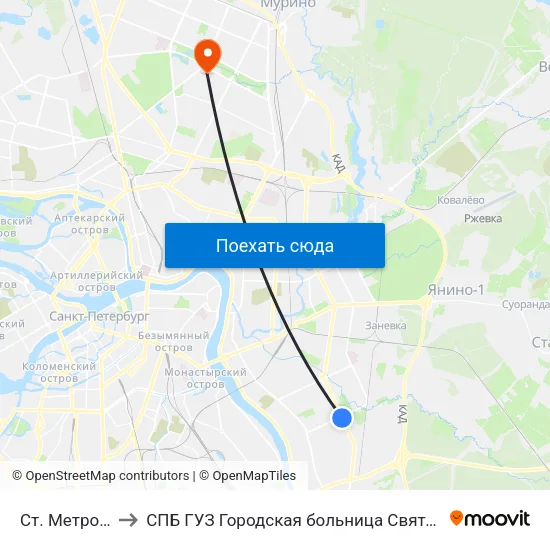Ст. Метро Ул.Дыбенко to СПБ ГУЗ Городская больница Святой преподобной мученицы Елизаветы map