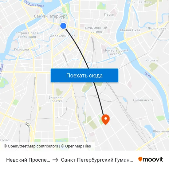 Невский Проспект (Nevskiy Prospekt) to Санкт-Петербургский Гуманитарный университет профсоюзов map