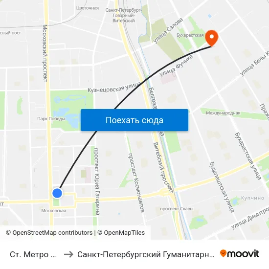 Ст. Метро Московская to Санкт-Петербургский Гуманитарный университет профсоюзов map