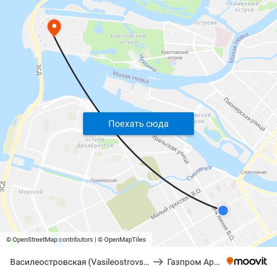 Василеостровская (Vasileostrovskaya) to Газпром Арена map