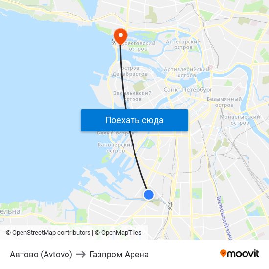 Автово (Avtovo) to Газпром Арена map