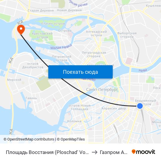 Площадь Восстания (Ploschad' Vosstaniya) to Газпром Арена map