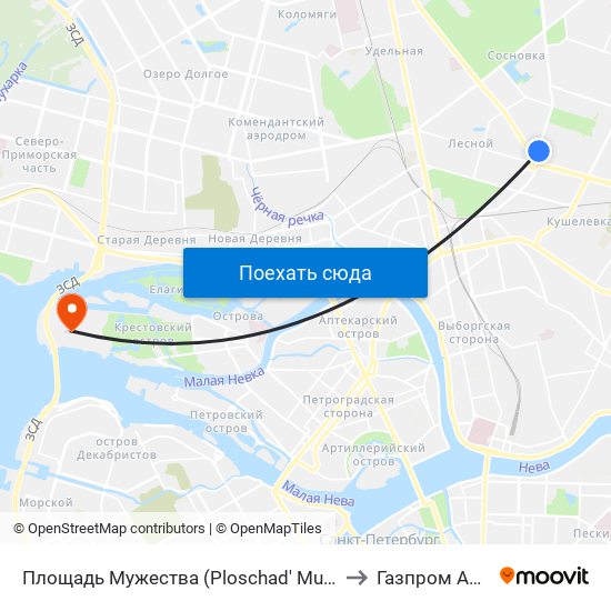 Площадь Мужества (Ploschad' Muzhestva) to Газпром Арена map