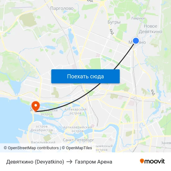 Девяткино (Devyatkino) to Газпром Арена map