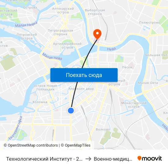Технологический Институт - 2 (Tekhnologicheskiy Institut - 2) to Военно-медицинская академия map