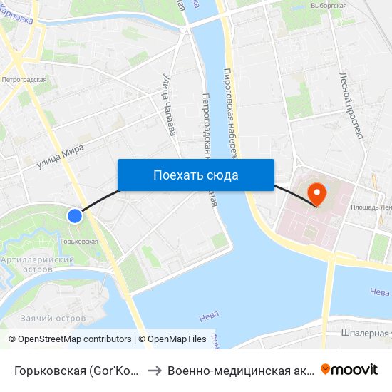 Горьковская (Gor'Kovskaya) to Военно-медицинская академия map