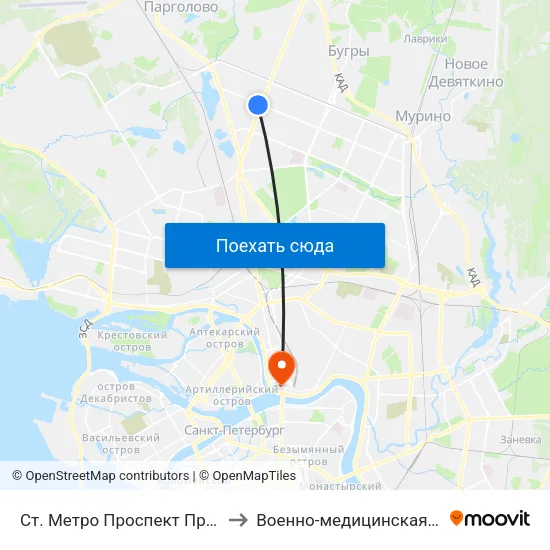 Ст. Метро Проспект Просвещения to Военно-медицинская академия map
