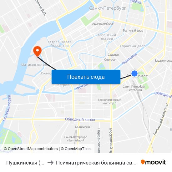 Пушкинская (Pushkinskaya) to Психиатрическая больница святого Николая Чудотворца map