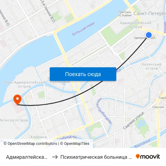 Адмиралтейская (Admiralteyskaya) to Психиатрическая больница святого Николая Чудотворца map