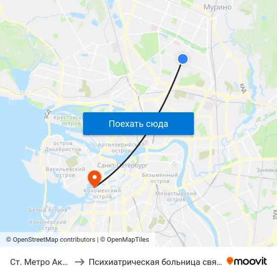 Ст. Метро Академическая to Психиатрическая больница святого Николая Чудотворца map