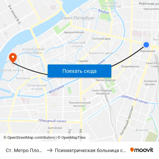 Ст. Метро Площадь Восстания to Психиатрическая больница святого Николая Чудотворца map
