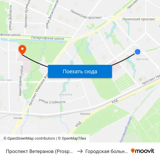 Проспект Ветеранов (Prospekt Veteranov) to Городская больница №15 map