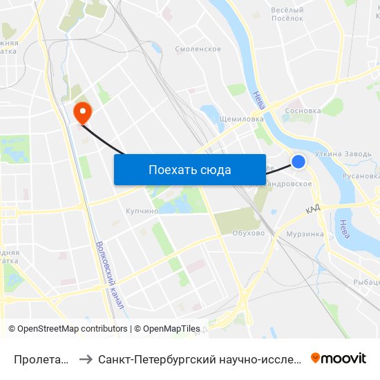 Пролетарская (Proletarskaya) to Санкт-Петербургский научно-исследовательский институт скорой помощи имени И. И. Джанелидзе map