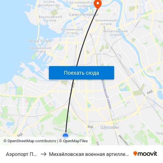 Аэропорт Пулково 1 to Михайловская военная артиллерийская академия map