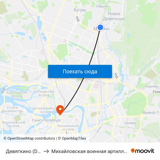 Девяткино (Devyatkino) to Михайловская военная артиллерийская академия map