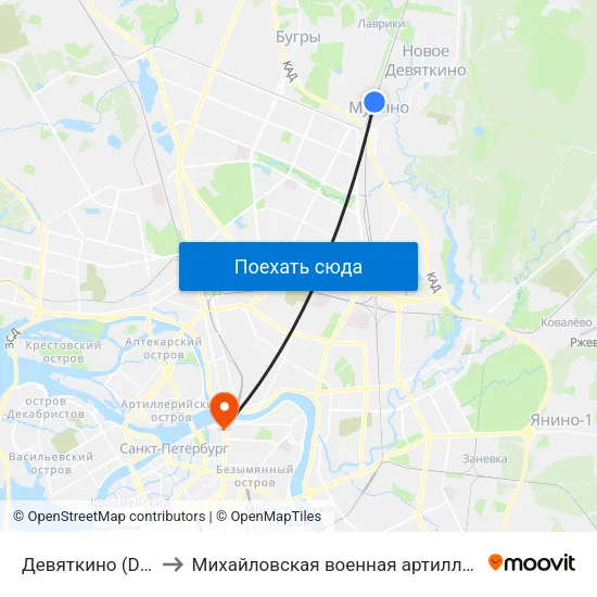 Девяткино (Devyatkino) to Михайловская военная артиллерийская академия map