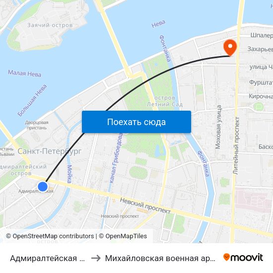 Адмиралтейская (Admiralteyskaya) to Михайловская военная артиллерийская академия map