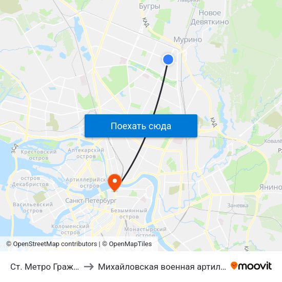 Ст. Метро Гражданский Пр. to Михайловская военная артиллерийская академия map