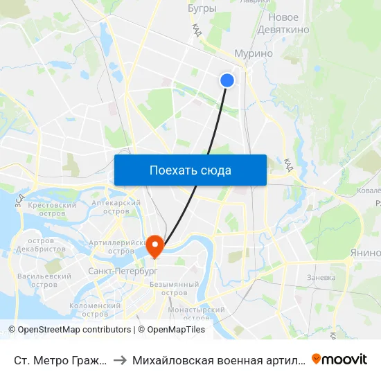 Ст. Метро Гражданский Пр. to Михайловская военная артиллерийская академия map