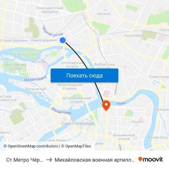 Ст.Метро Чёрная Речка to Михайловская военная артиллерийская академия map