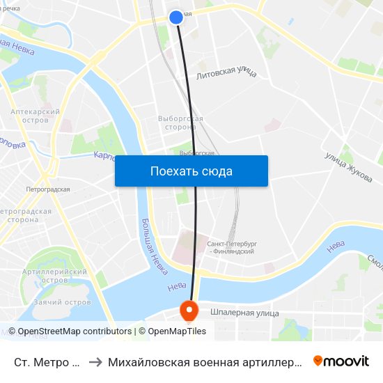Ст. Метро Лесная to Михайловская военная артиллерийская академия map