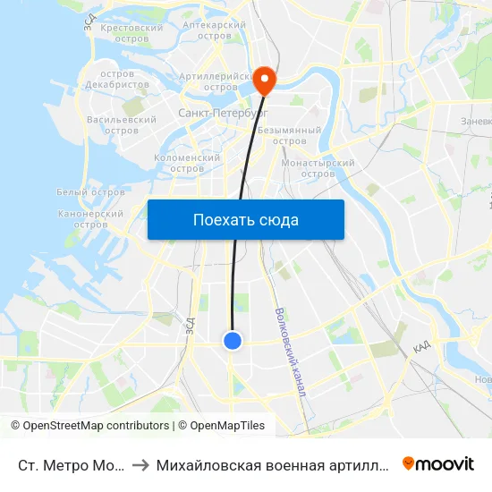 Ст. Метро Московская to Михайловская военная артиллерийская академия map