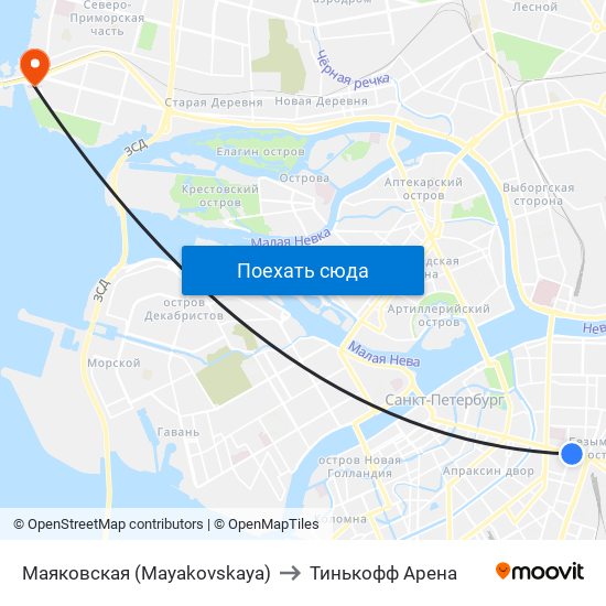 Маяковская (Mayakovskaya) to Тинькофф Арена map