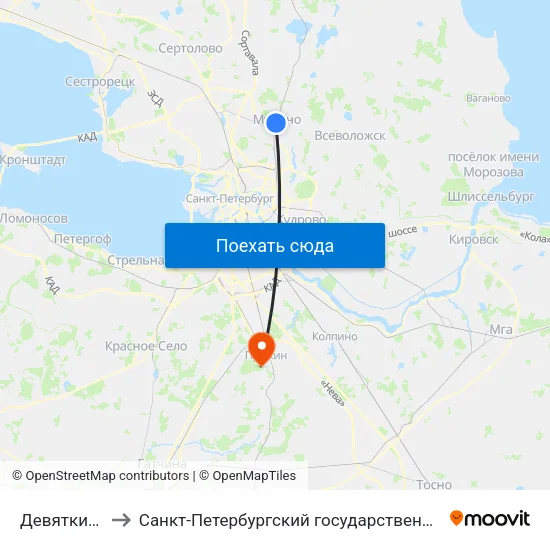 Девяткино (Devyatkino) to Санкт-Петербургский государственный аграрный университет, 6-ой учебный корпус map