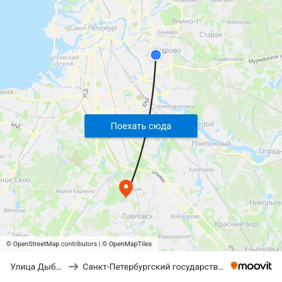 Улица Дыбенко (Ulitsa Dybenko) to Санкт-Петербургский государственный аграрный университет, 6-ой учебный корпус map
