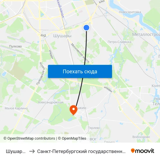 Шушары (Shushary) to Санкт-Петербургский государственный аграрный университет, 6-ой учебный корпус map