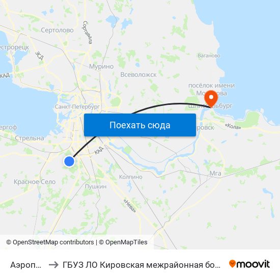 Аэропорт Пулково 1 to ГБУЗ ЛО Кировская межрайонная больница, Шлиссельбургская городская больница, стационар map