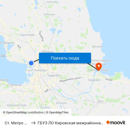 Ст. Метро Старая Деревня Посадка to ГБУЗ ЛО Кировская межрайонная больница, Шлиссельбургская городская больница, стационар map