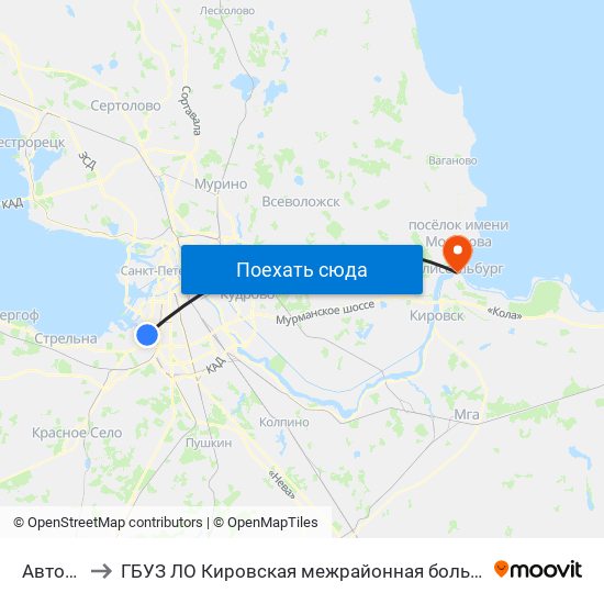 Автово (Avtovo) to ГБУЗ ЛО Кировская межрайонная больница, Шлиссельбургская городская больница, стационар map