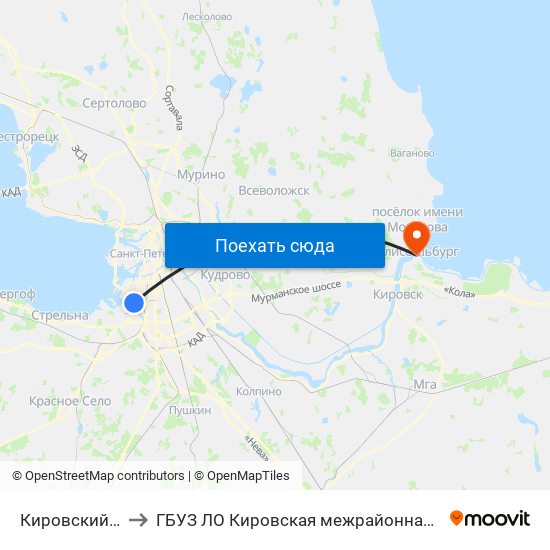 Кировский Завод (Kirovsky Zavod) to ГБУЗ ЛО Кировская межрайонная больница, Шлиссельбургская городская больница, стационар map