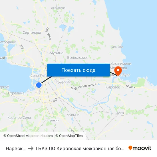 Нарвская (Narvskaya) to ГБУЗ ЛО Кировская межрайонная больница, Шлиссельбургская городская больница, стационар map