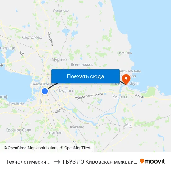 Технологический Институт - 2 (Tekhnologicheskiy Institut - 2) to ГБУЗ ЛО Кировская межрайонная больница, Шлиссельбургская городская больница, стационар map