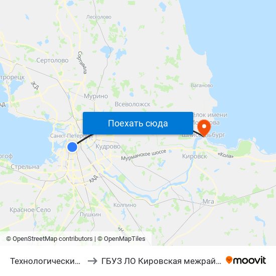 Технологический Институт - 1 (Tekhnologicheskiy Institut - 1) to ГБУЗ ЛО Кировская межрайонная больница, Шлиссельбургская городская больница, стационар map