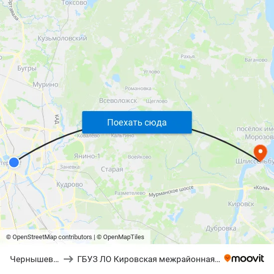 Чернышевская (Chernyshevskaya) to ГБУЗ ЛО Кировская межрайонная больница, Шлиссельбургская городская больница, стационар map