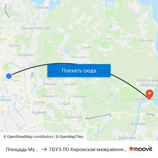 Площадь Мужества (Ploschad' Muzhestva) to ГБУЗ ЛО Кировская межрайонная больница, Шлиссельбургская городская больница, стационар map