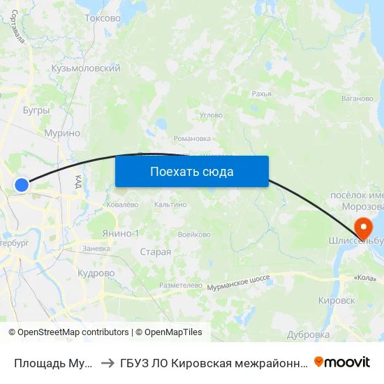 Площадь Мужества (Ploschad' Muzhestva) to ГБУЗ ЛО Кировская межрайонная больница, Шлиссельбургская городская больница, стационар map