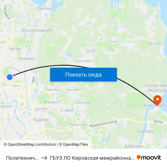 Политехническая (Politekhnicheskaya) to ГБУЗ ЛО Кировская межрайонная больница, Шлиссельбургская городская больница, стационар map