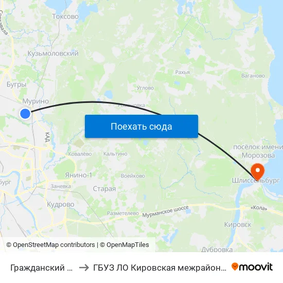 Гражданский Проспект (Grazhdansky Prospekt) to ГБУЗ ЛО Кировская межрайонная больница, Шлиссельбургская городская больница, стационар map