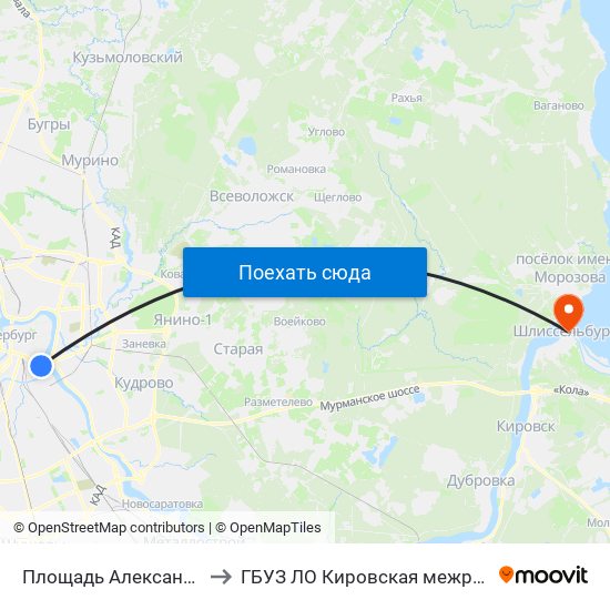 Площадь Александра Невского - 1 (Ploschad' Aleksandra Nevskogo - 1) to ГБУЗ ЛО Кировская межрайонная больница, Шлиссельбургская городская больница, стационар map