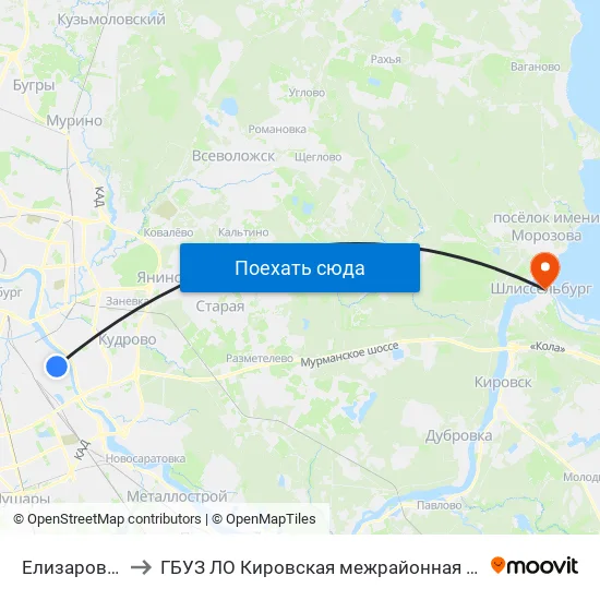 Елизаровская (Yelizarovskaya) to ГБУЗ ЛО Кировская межрайонная больница, Шлиссельбургская городская больница, стационар map