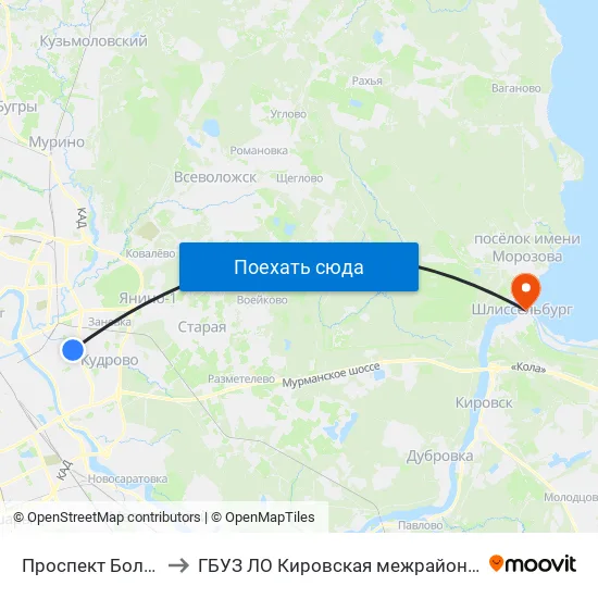 Проспект Большевиков (Prospekt Bol'Shevikov) to ГБУЗ ЛО Кировская межрайонная больница, Шлиссельбургская городская больница, стационар map