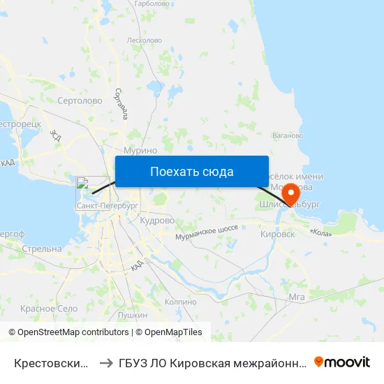 Крестовский Остров (Krestovskiy Ostrov) to ГБУЗ ЛО Кировская межрайонная больница, Шлиссельбургская городская больница, стационар map