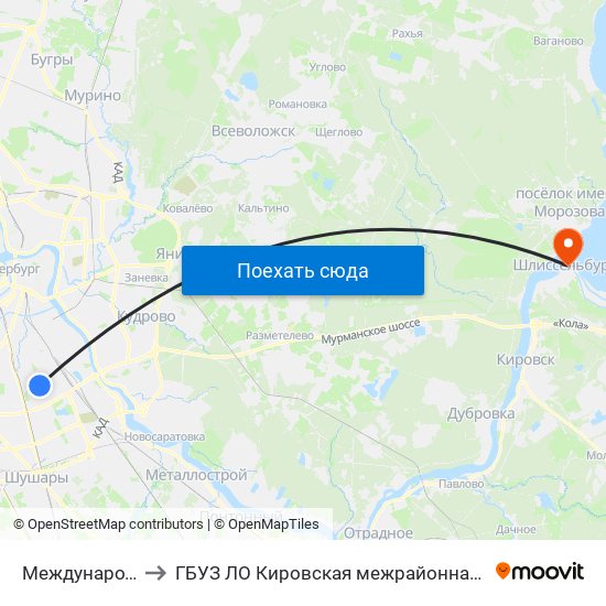 Международная (Mezhdunarodnaya) to ГБУЗ ЛО Кировская межрайонная больница, Шлиссельбургская городская больница, стационар map