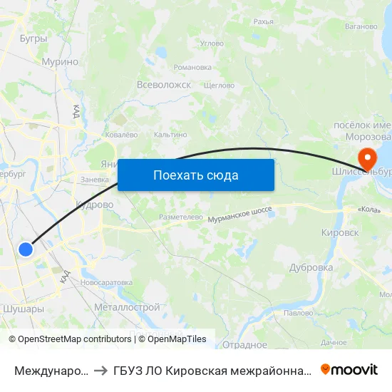 Международная (Mezhdunarodnaya) to ГБУЗ ЛО Кировская межрайонная больница, Шлиссельбургская городская больница, стационар map