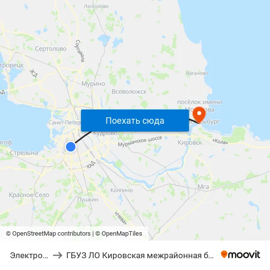 Электросила (Elektrosila) to ГБУЗ ЛО Кировская межрайонная больница, Шлиссельбургская городская больница, стационар map