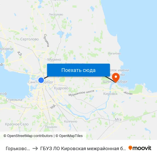 Горьковская (Gor'Kovskaya) to ГБУЗ ЛО Кировская межрайонная больница, Шлиссельбургская городская больница, стационар map